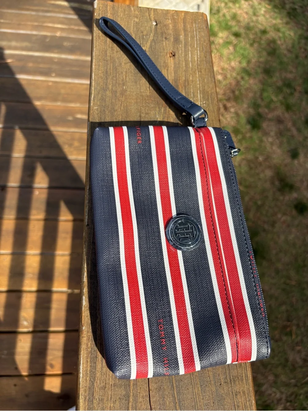 Tommy Hilfiger preppy Navy Red White Striped Wristlet Wallet coastal Clutch